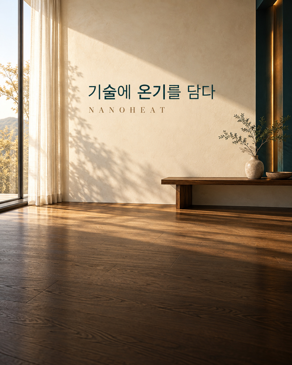 기술에 온기를 담다. NANOHEAT. 따뜻한 햇살과 나뭇잎 그림자가 드리운 벽, 원목 바닥과 벤치로 표현한 브랜드 공간.
